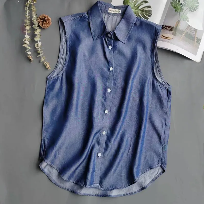 Shirt Camp Collar - Women's Blue Sleeveless Denim Shirt Collared