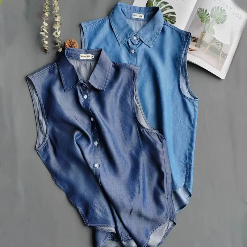 Women's Blue Sleeveless Denim  - Shirt Camp Collar recension och pris