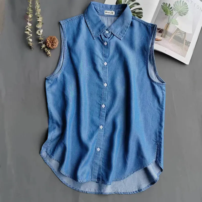 Women's Blue Sleeveless Denim  - Shirt Camp Collar recension och pris