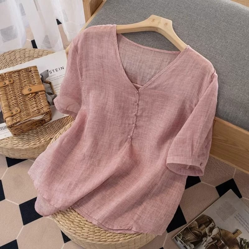 Women's Linen Blend V-Neck T-S - Linen Shirt Breathable recension och pris