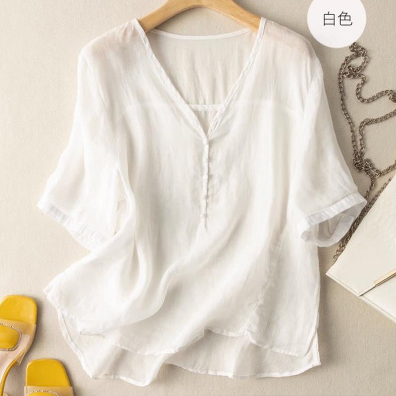 Women's Linen Blend V-Neck T-S - Linen Shirt Breathable recension och pris