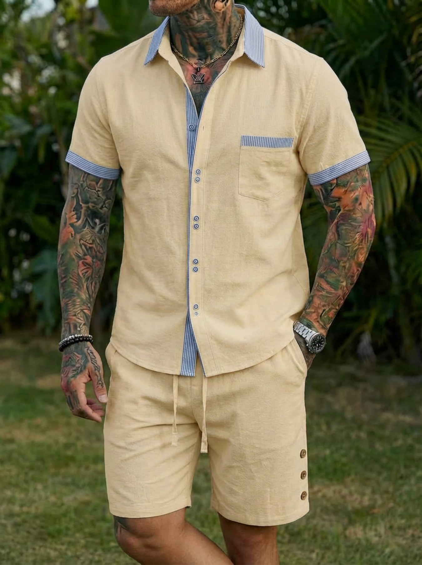 Men's Fashion Cuban Style Shir - Short Linen Drawstring recension och pris