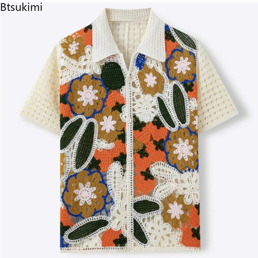 Men's Retro Floral Crochet Kni - Shirt Camp Collar recension och pris