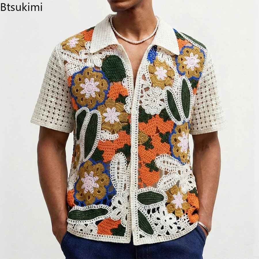 Men's Retro Floral Crochet Kni - Shirt Camp Collar recension och pris