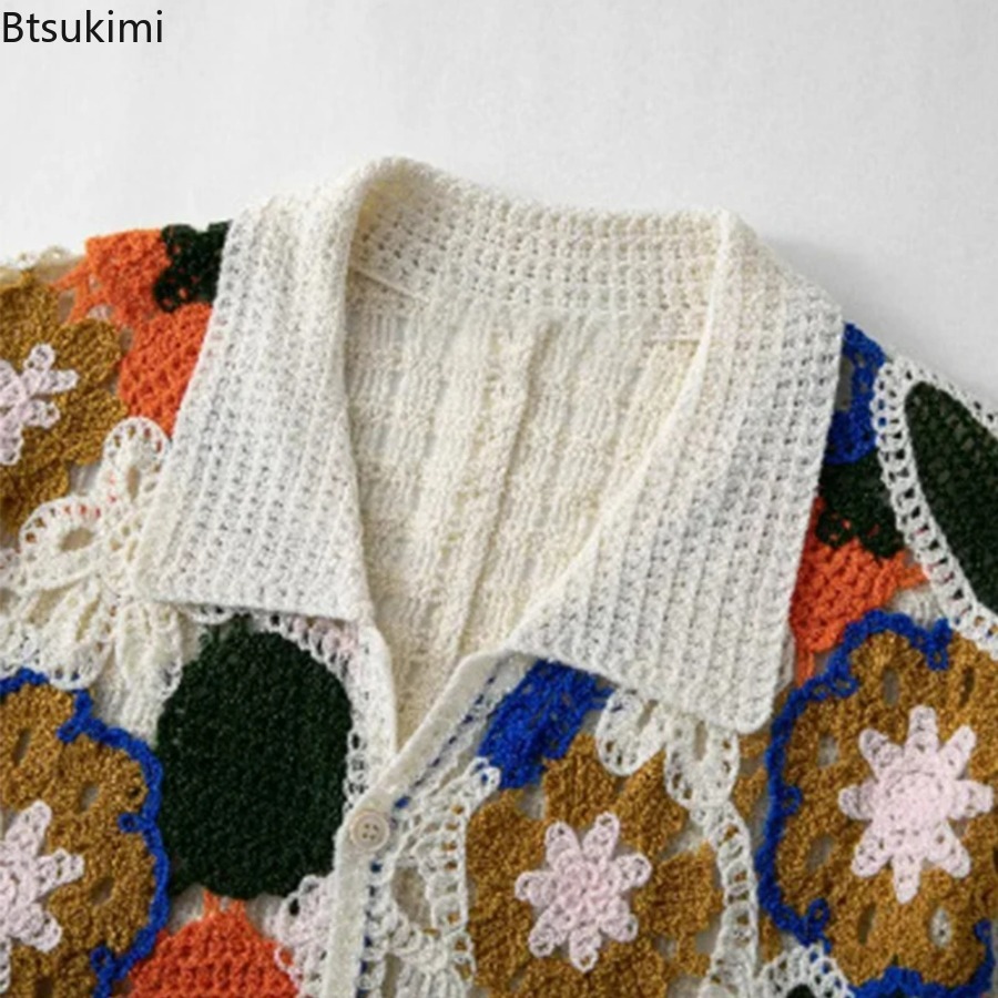 Men's Retro Floral Crochet Kni - Shirt Camp Collar recension och pris